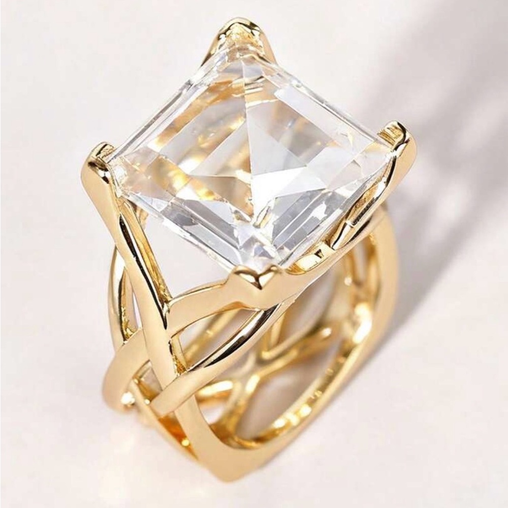 Gold Statement Ring With Clear Crystal Center Siz… - image 2
